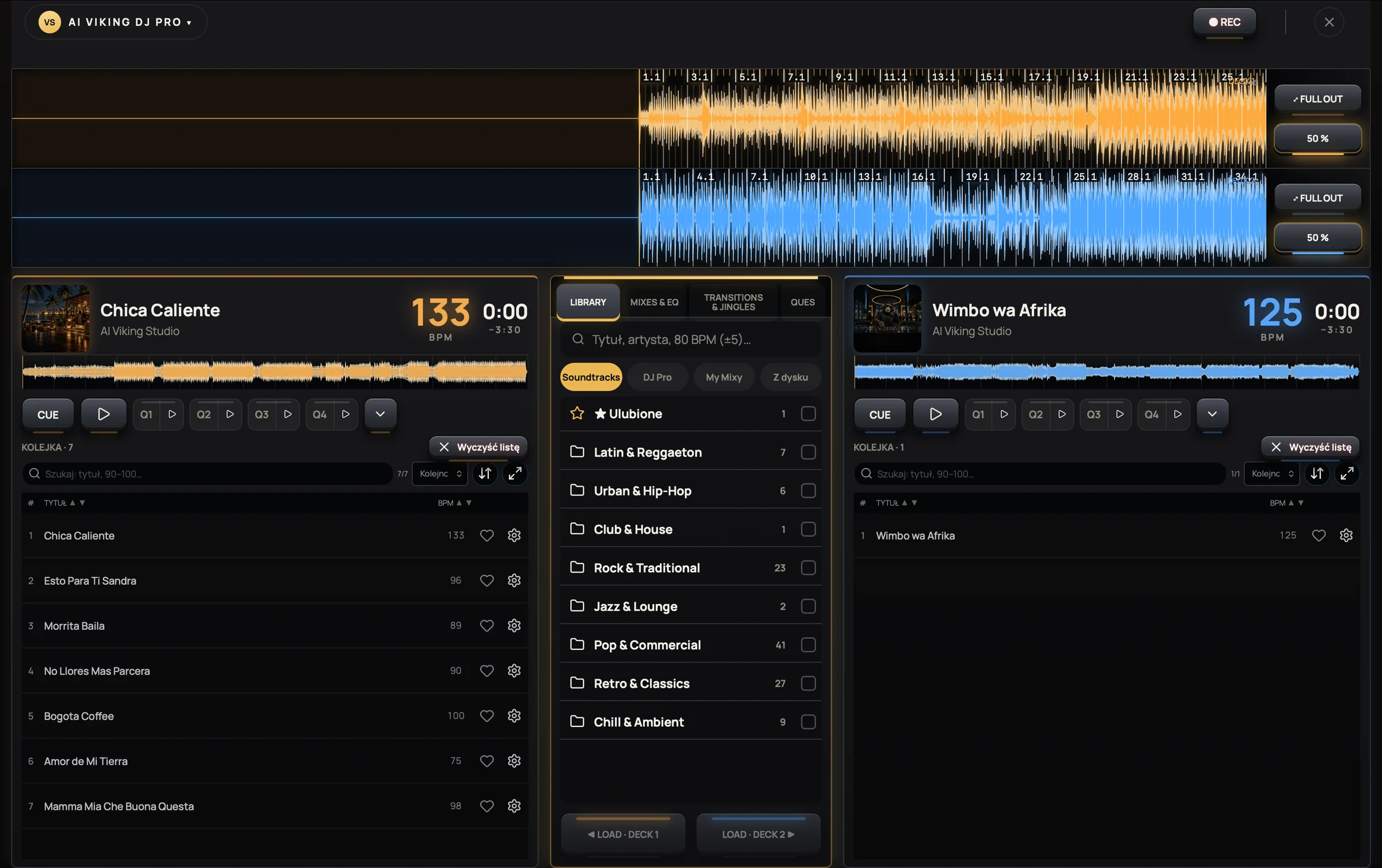Ekran AI Viking DJ Pro: dwa decki z falą dźwięku, biblioteka i kolejka