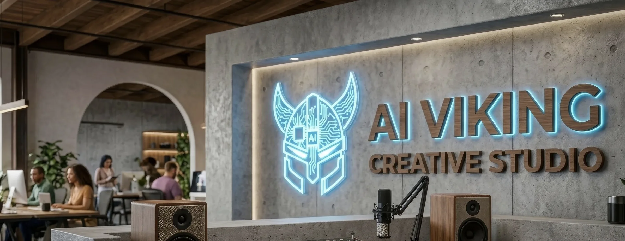 Biuro AI Viking Creative Studio z podświetlonym logo hełmu
